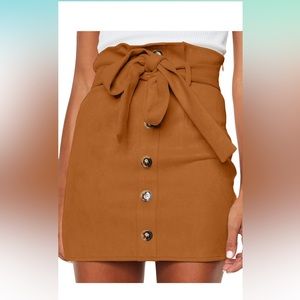 Paperbag High Waist Button Trim Front Belted Faux Suede Mini Skirt